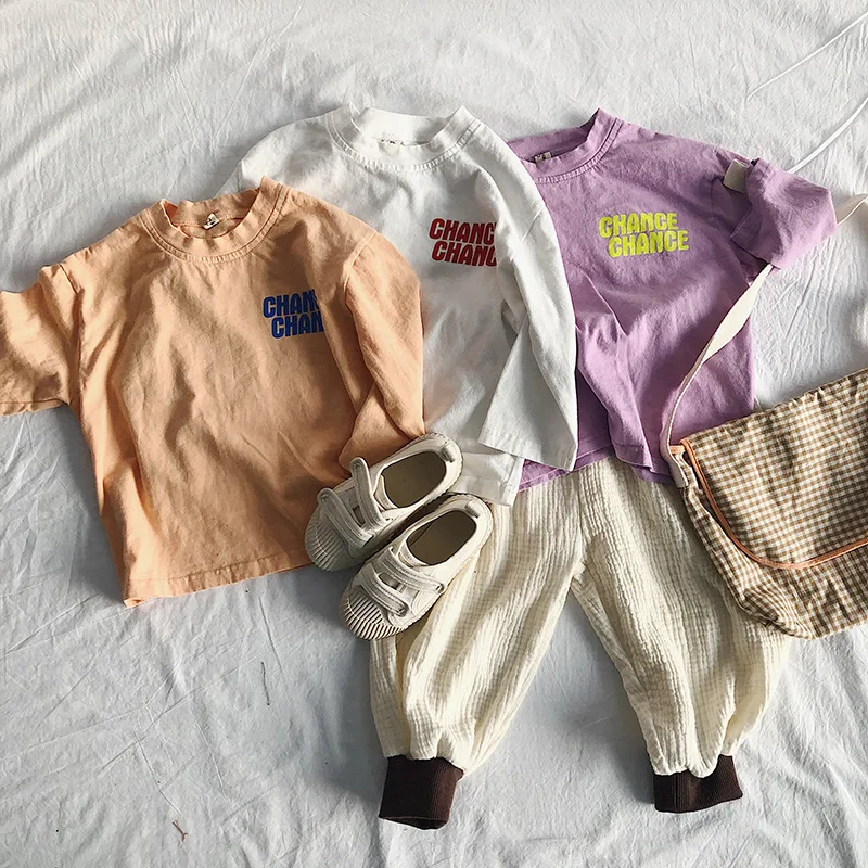 Autumn boy letters printing all-match base T shirts baby girls pure cotton long sleeve Tops Tees