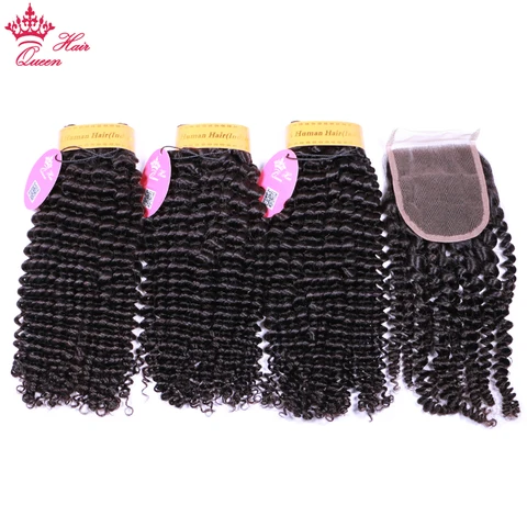 Queen Hair Products Extension 100% Virgin Human Raw Hair Weave Bundles With Closure Indian Kinky Curly Bundles With Lace Closure