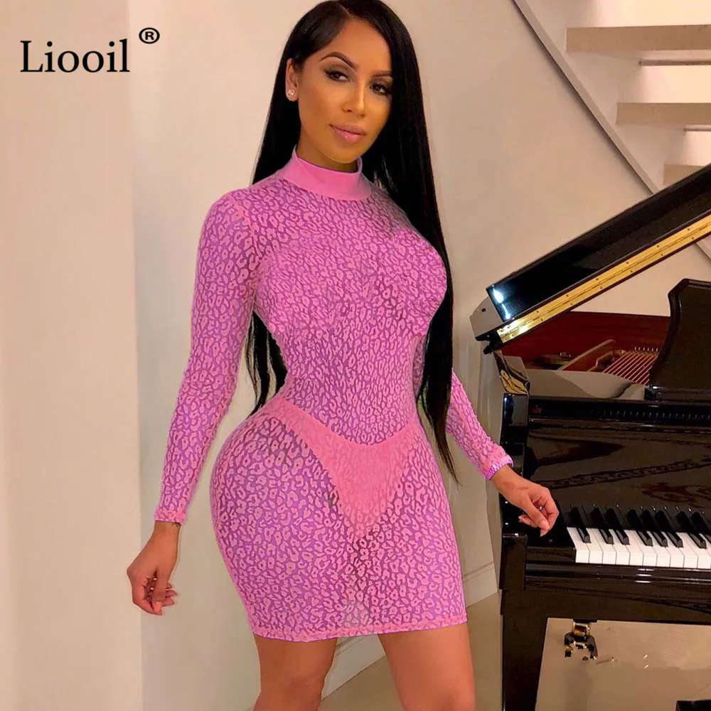 Розовый Liooil, сексуальное, черное, кружевное, прозрачное, мини, облегающее платье, сексуальная клубная одежда,, с длинным рукавом, просвечивают, обтягивающие платья, женские, вечерние, ночные - Цвет: Розовый