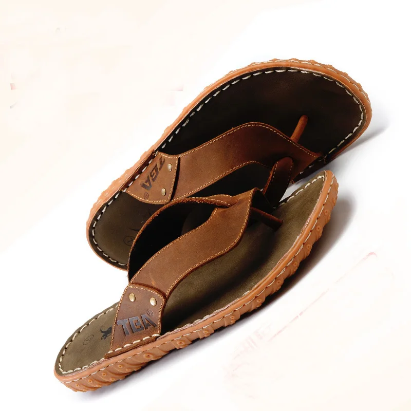 TBA Men's Summer Fashion Trend Genuine Leather Anti-skid Sandals &amp Flip Flops Male Outdoor Soft Bottom Lower Price Beach Shoes |