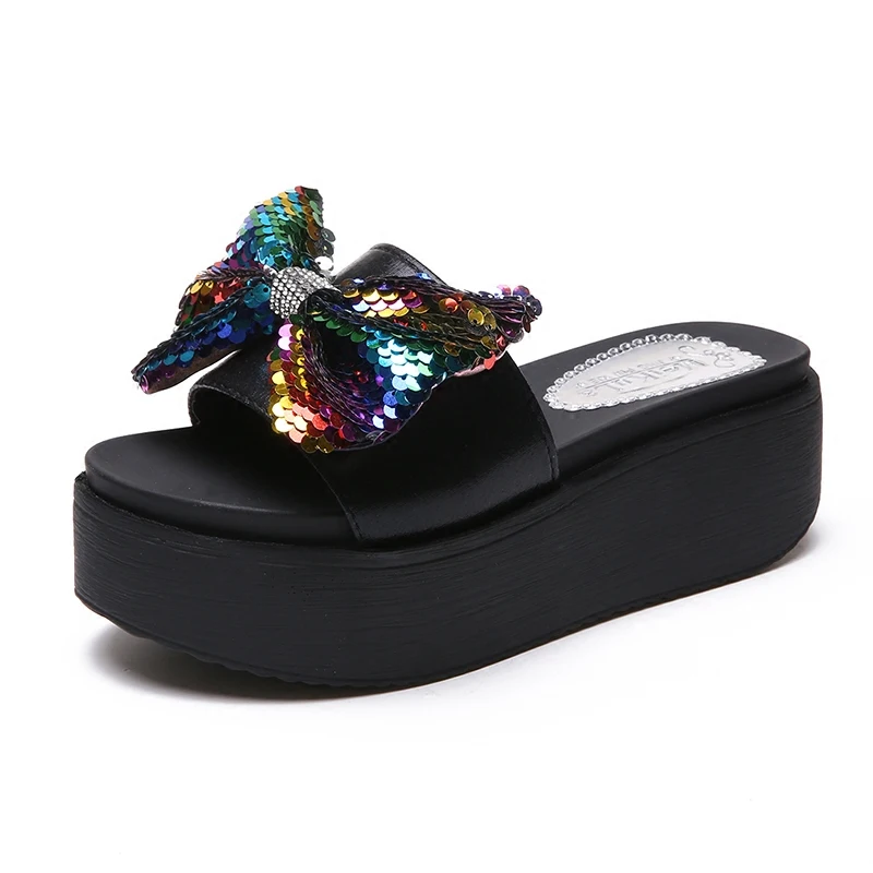 Серебряный bling Бант бабочкой женские босоножки на платформе с открытым носком