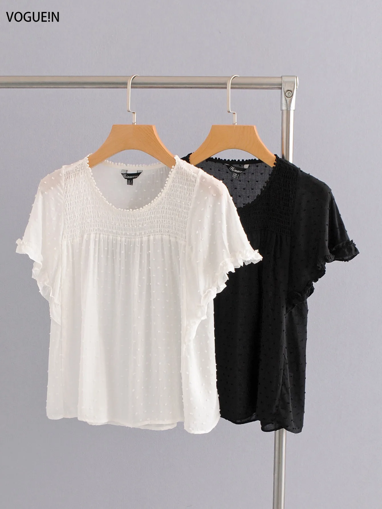 VOGUEIN Новая женская белая черная эластичная блузка с круглым вырезом и рукавами