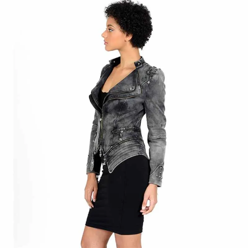 Женская джинсовая куртка на молнии с заклепками облегающая мотоциклетная