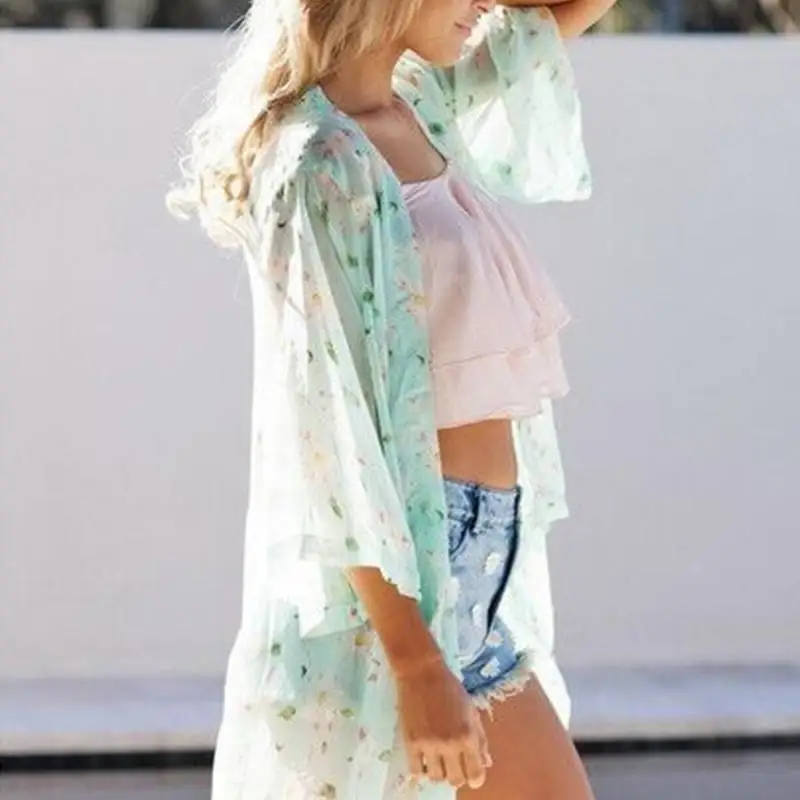 Для женщин Летний пляж цветочные Cover Up кардиган шифоновая рубашка с рукавами 3/4