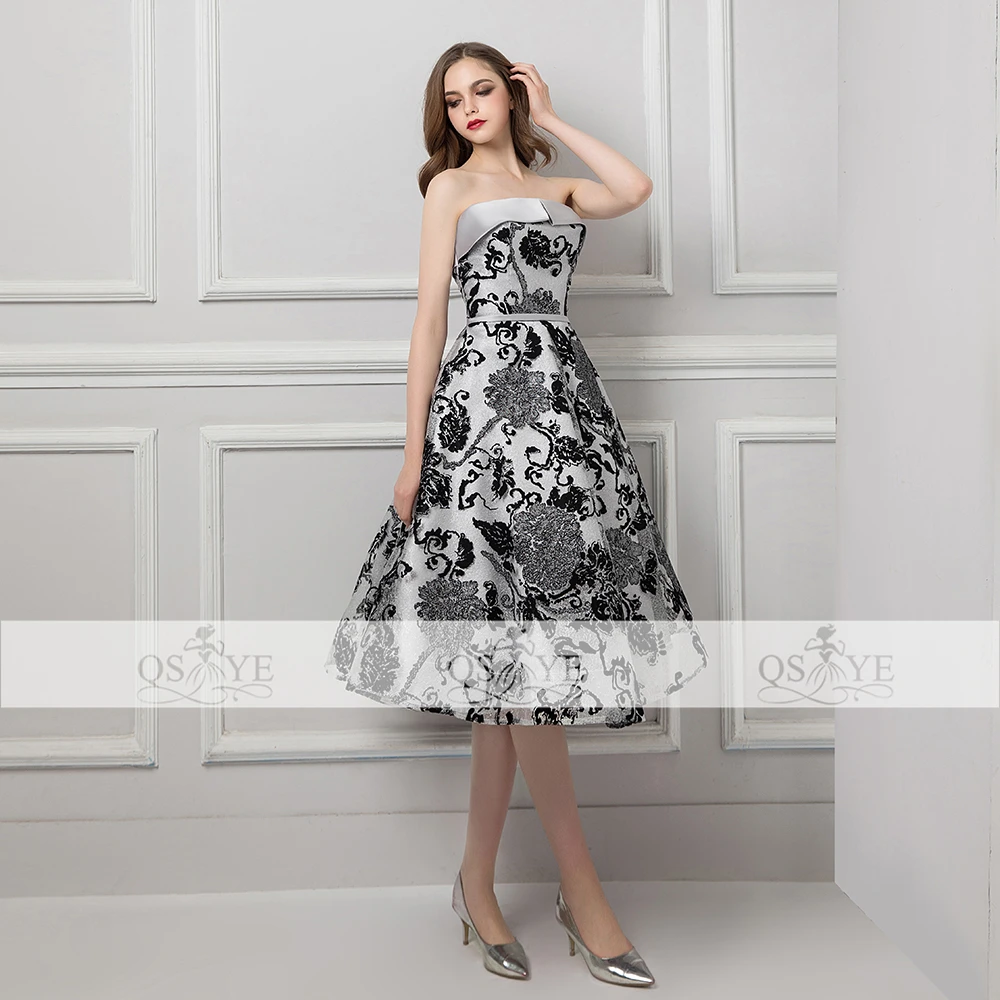 QSYYE 2018 Vintage Saudi Arabia Prom Dresses Puffy A-line Strapless Silver Satin Black Lace Formal Evening Dress Party Gown | Свадьбы и