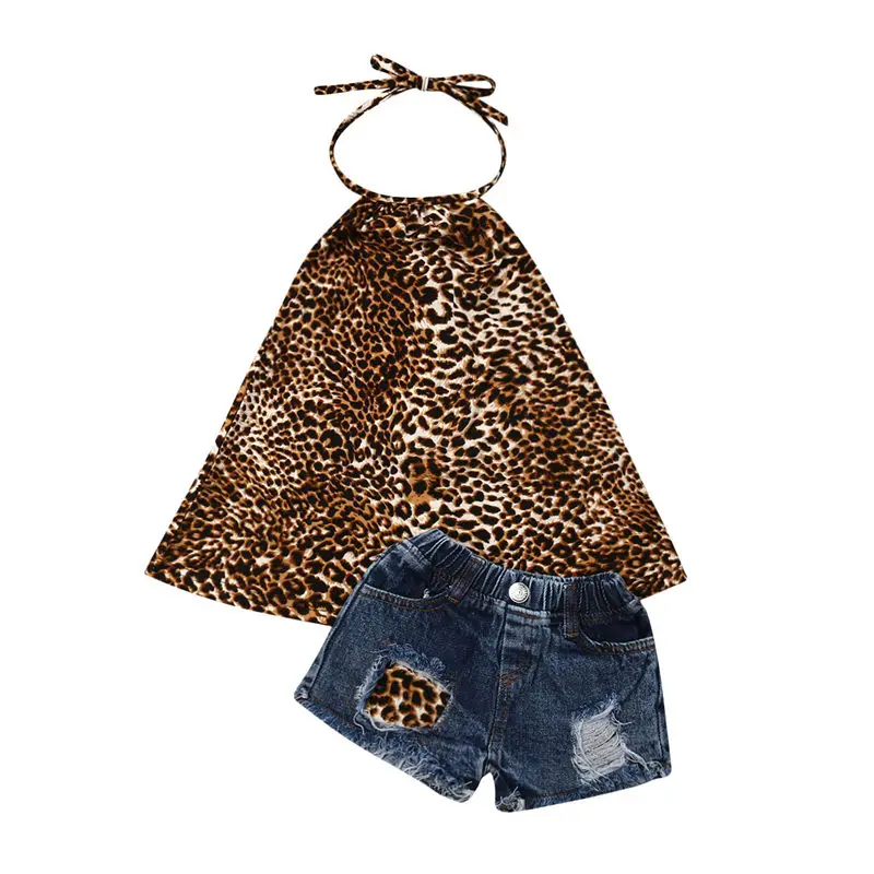 

Baby Girls Clothes Set 2019 Summer Toddler Kids Outfit Halter Leopard Top+Ripped Jeans Shorts 2pcs Children Clothing Set 1-6T