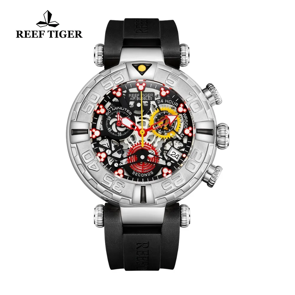 Reef Tiger/RT New Design Top Brand Men Watches Rubber Strap Steel Skeleton Sport Quartz Waterproof Watch Montre Homme RGA3059-S | Наручные