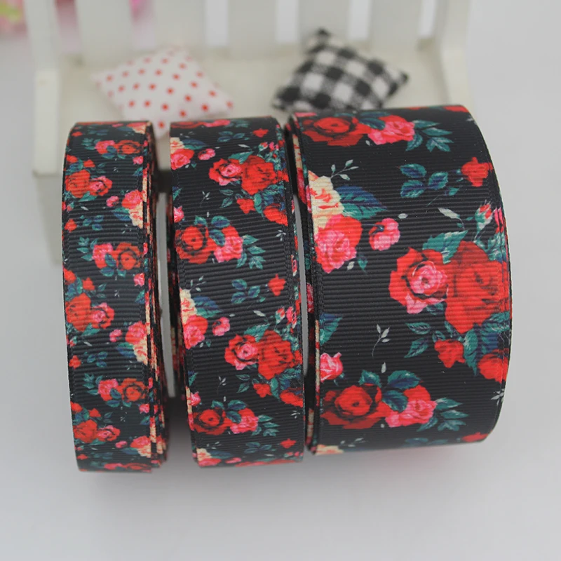 

New black floral printed grosgrain ribbon Diy Handmade Gift Craft Packing Hair Accessories Wedding Materials16mm 22mm 25mm 38mm