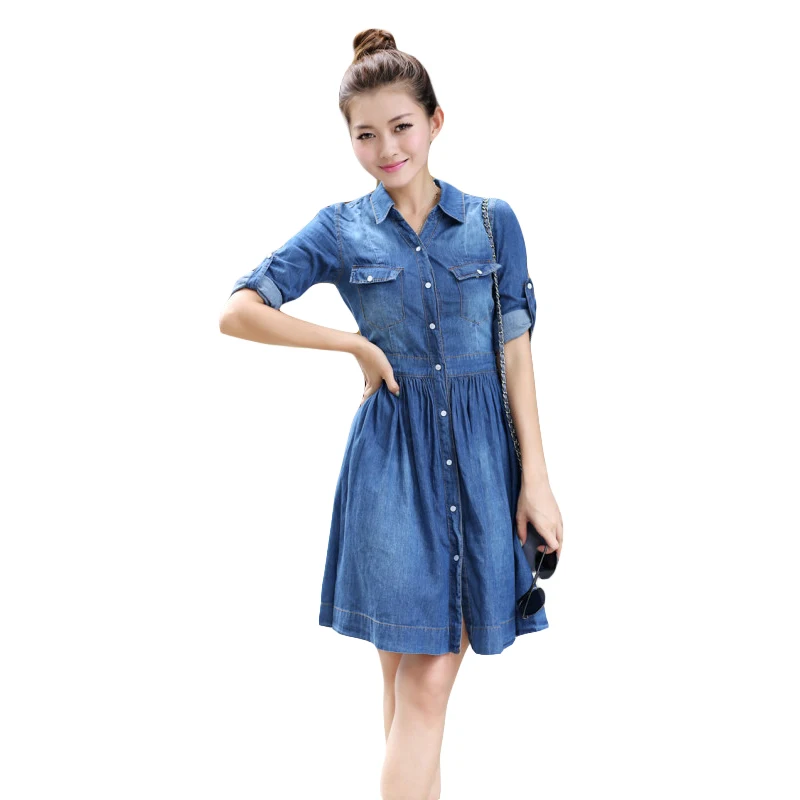 Летнее джинсовое платье с отложным воротником новинка 2017 милое короткое для