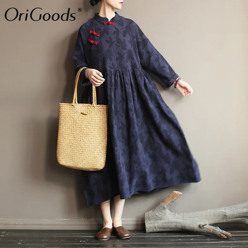 OriGoods Long sleeve Women Dress Chinese style Spring Autumn 2019 Plus size Vintage Cotton Linen Elegant A397 | Женская одежда