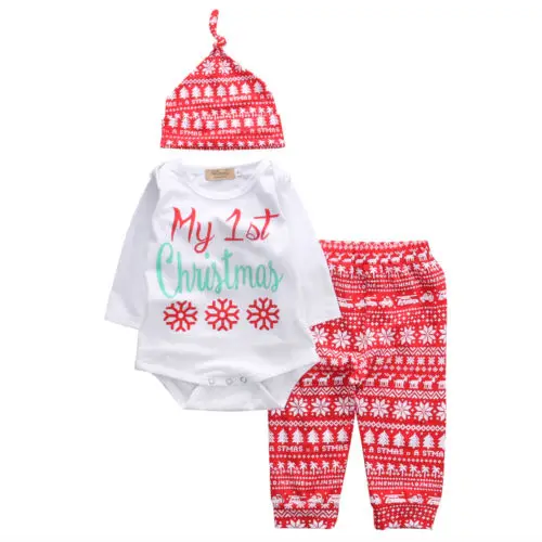 

Newborn Baby Boys Girls Warm Christmas Clothes Bodysuit + Pants +Hat 3pcs Outfits Set Size 0-24M