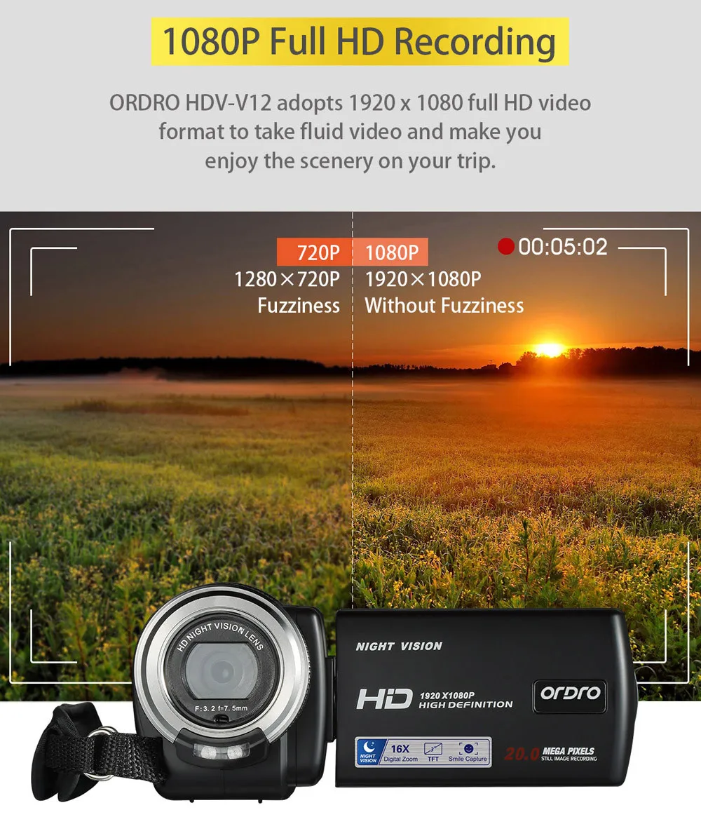 Видеокамера HIPERDEAL ORDRO V12 HD 1080P 16X с цифровым зумом 20 МП инфракрасное ночное видение