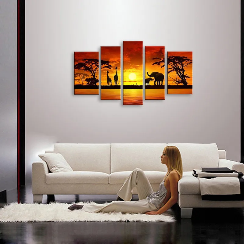 Ручная роспись яркий сияющий золотой Африканский животный пейзаж слон картина