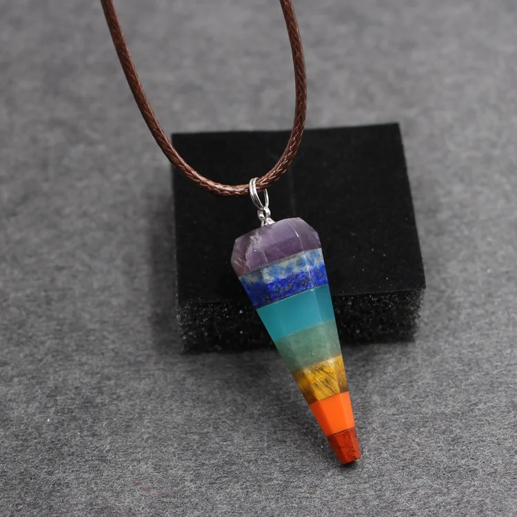 Natural crystal energy stone colorful chakra cone spirit swing sweater chain necklace men and women pendant hypnosis props | Украшения и