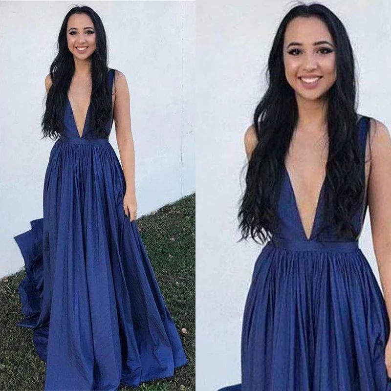 

Custom made 2019 new sexy long deep v-neck navy blue prom dresses gowns formal evening dresses gowns for prom