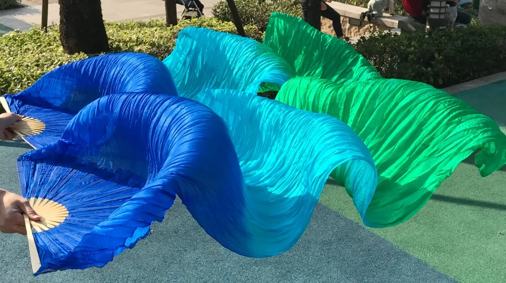 High selling 100% Real Silk Veils 1 Pair handmade women Quality Belly Dance Fan royal blue+turquoise+ green | Тематическая одежда