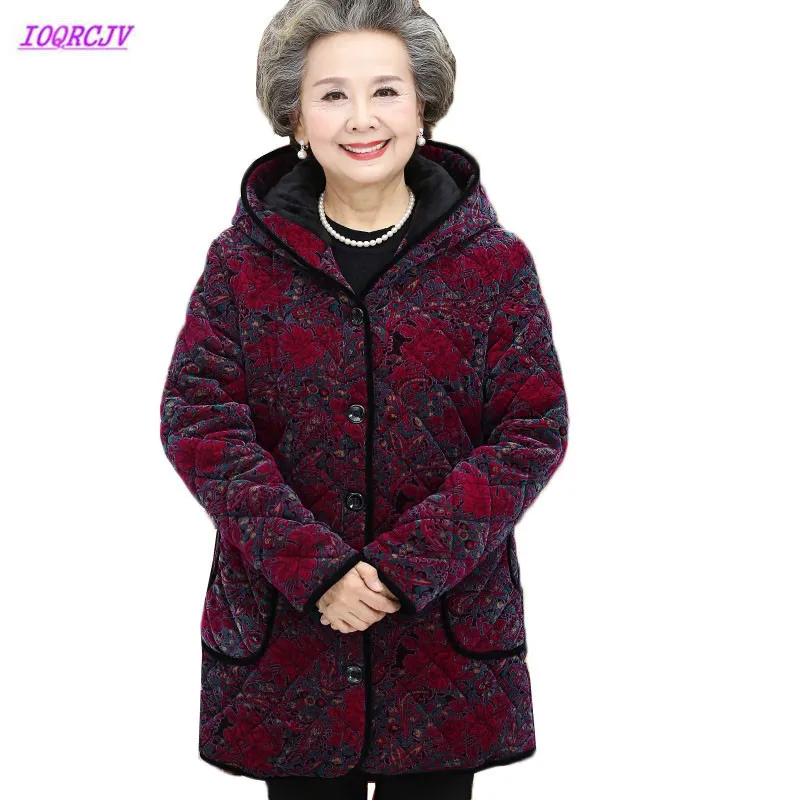Grandma Cotton Coats 5XL Winter Thicken Warm Hooded Outerwear Elderly Women Cotton Padded Jacket Grandma Parkas W149