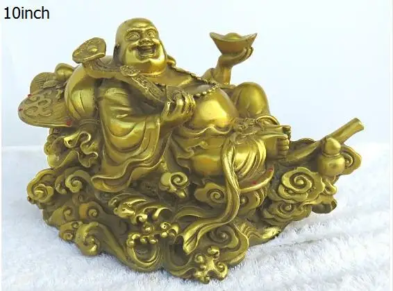 Китайский медный богатство деньги счастливый смех Maitreya Будда на Статуя Дракона