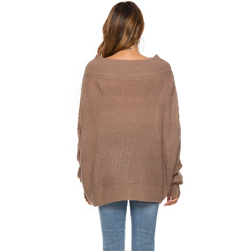 2019 Autumn and Winter Batwing Sleeve Sweater Slash Neck Long-sleeved Pullover Loose Knit Women Clothes C8098 | Женская одежда