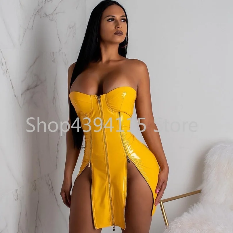 Для женщин Sexy бретелек из искусственной кожи клуб платье сплошной желтый красный
