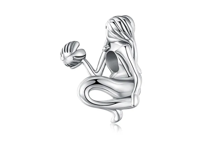 JewelryPalace 925 Sterling Silver Mermaid Sculpture Charm Beads Plain silver vintage mermaid holding shell beaded Girl gift