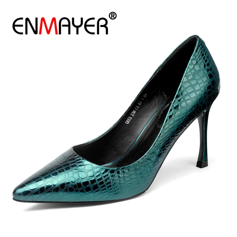 

ENMAYER Genuine Leather Pointed Toe Casual Slip-On Pumps Women Shoes Sapato Feminino Tacones Mujer Size 34-39 ZYL2561