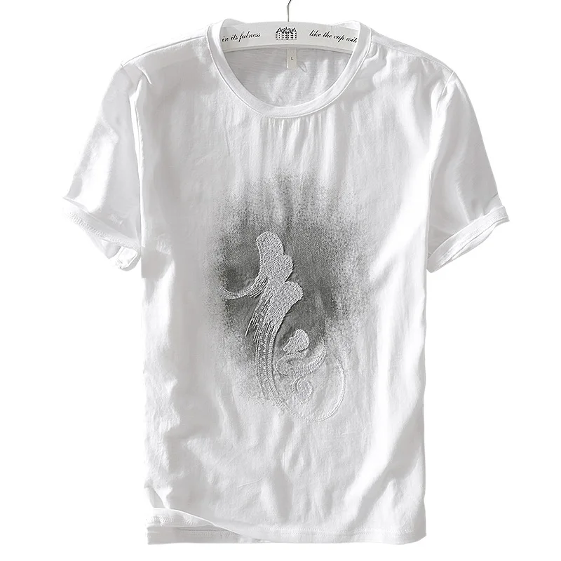 

Suehaiwe's brand summer white t shirt men solid linen embroidery t-shirt mens O-neck short sleeve flax mens tshirt dropshipping