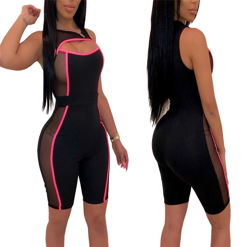 Sexy Women Sleeveless Mesh Patchwork Jumpsuit 2019 New See Through Bodysuit One-piece Cut Off Hole Rompers Beach Sports Playsuit | Женская