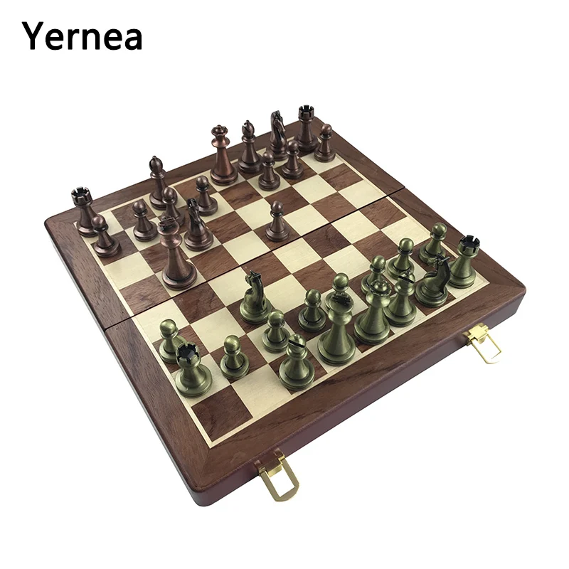 Yernea High-end Wooden Folding Chessboard Retro Metal Alloy Chess Pieces Chess Game Set 30*30*2.7cm Chessboard Friends Gift