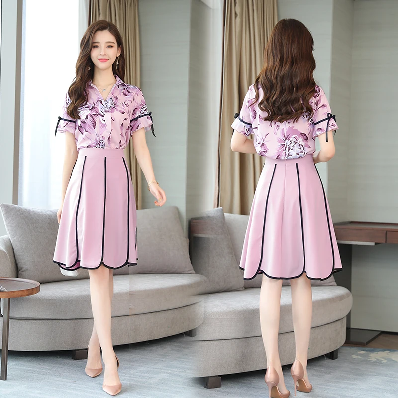 

Summer New Pink Printing Blouse Top & Skirt Two Pcs Clothing Set Women Chiffon Dress Suit Brand Design Vogue Lady Outfit SALE !