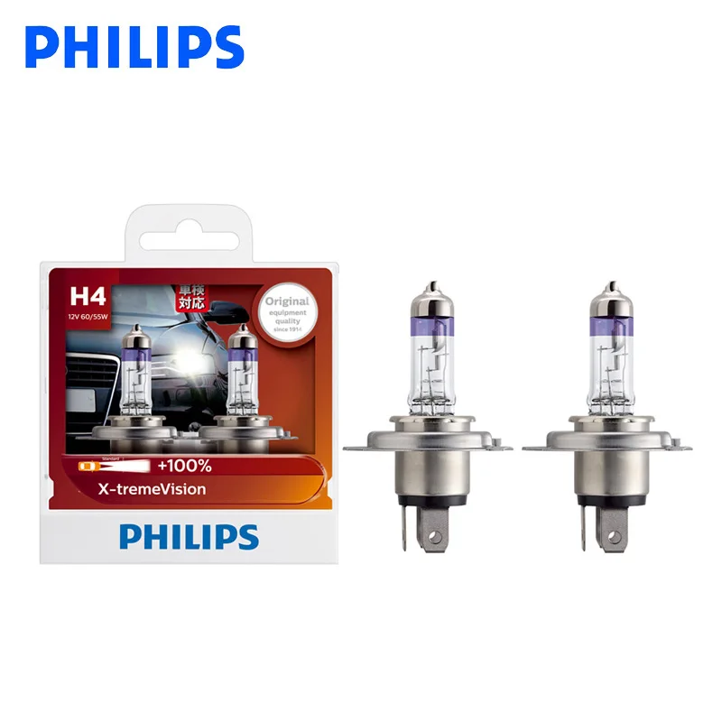 

Philips H4 9003 12V 60/55W P43t X-treme Vision Car Headlight Bright Halogen Bulbs ECE Approve 100% More Vision 12342XV S2, Pair