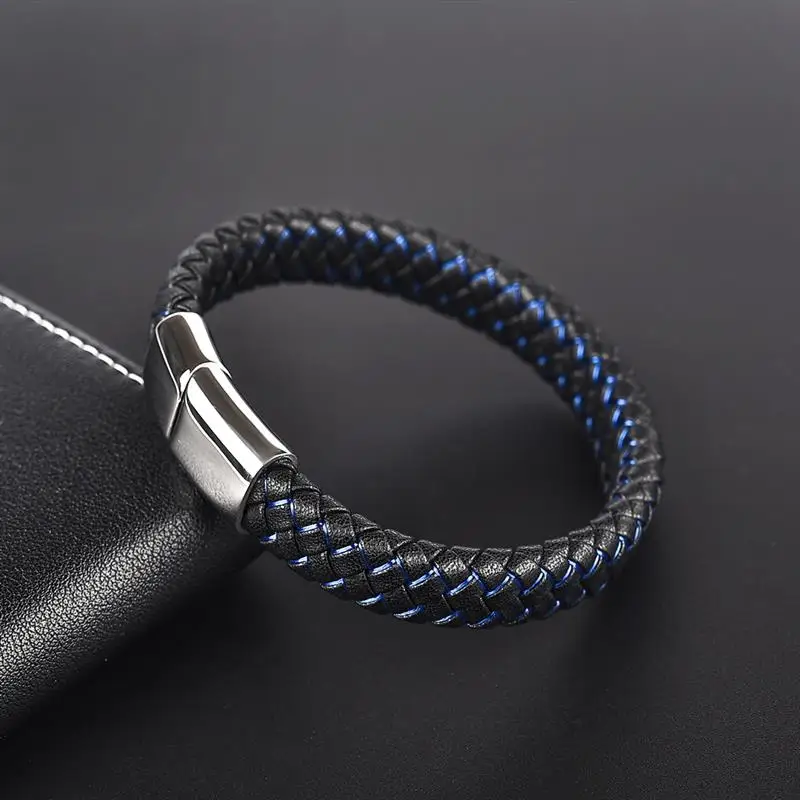 YAKAMOZ Male Jewelry Braided Leather Bracelet Stainless Steel Magnetic Clasp Punk Bangle Black Blue Fashion Bangles Men Gifts | Украшения и
