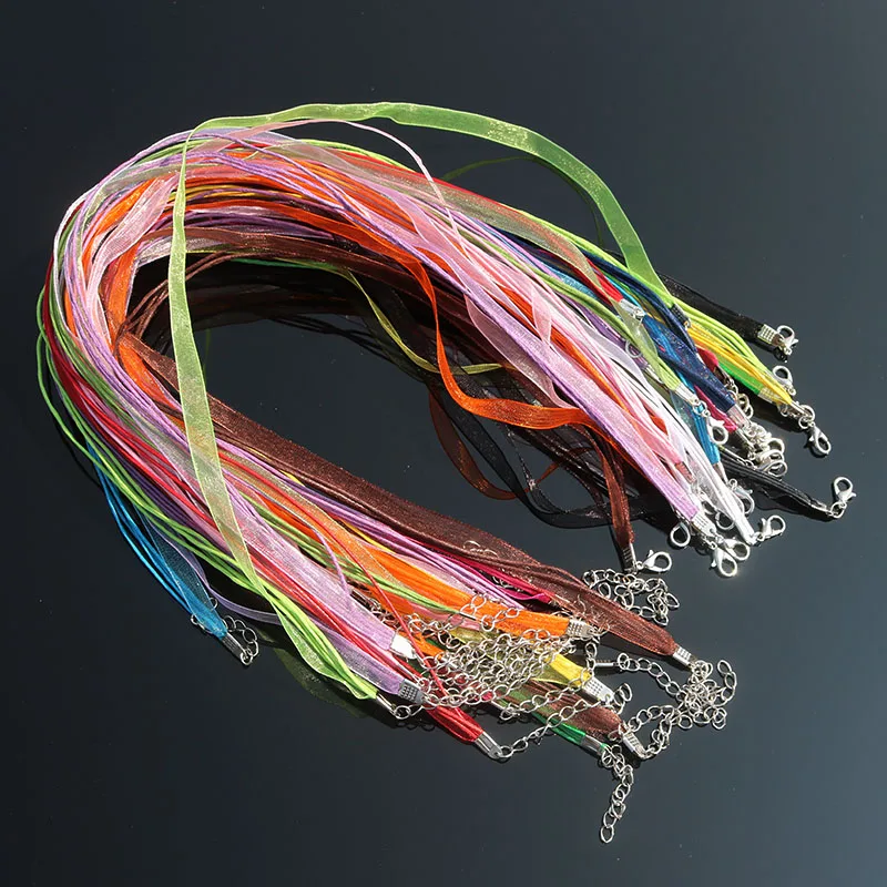 

100PCs Mixed Organza Ribbon Waxen Cord Necklaces Lobster Clasp 45cm 18" long Fine DIY Jewelry Fashion Findings Making For Women