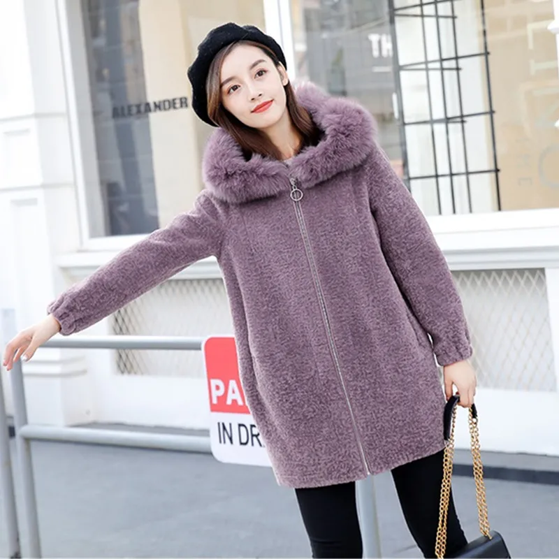 

UHYTGF S-3XL Plus size Jacket women's luxury lambswool winter fur coat Fashion fox fur hooded Warm Casual women's outerwear 1115