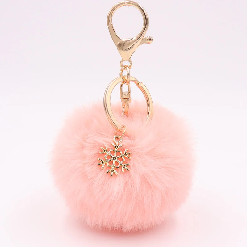 Baby Pink Пушистый искусственного меха кролика Софтбол помпоном Снежинка брелок для ключей Для женщин сумка Подвеска Шарм аксессуары Игрушка рождественские подарки - Цвет: Baby Pink