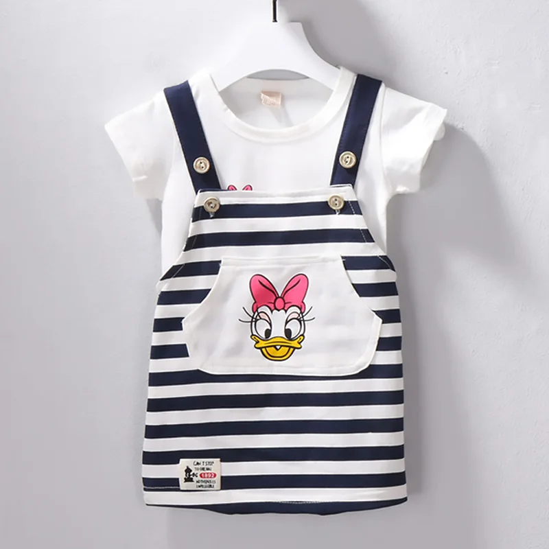 2019 Summer Baby Clothes Cartoon T-shirt Donald Duck Suspender Trousers 2Pcs Toddlers Short Sleeve Stripe Casual Sets 0-2Years | Детская