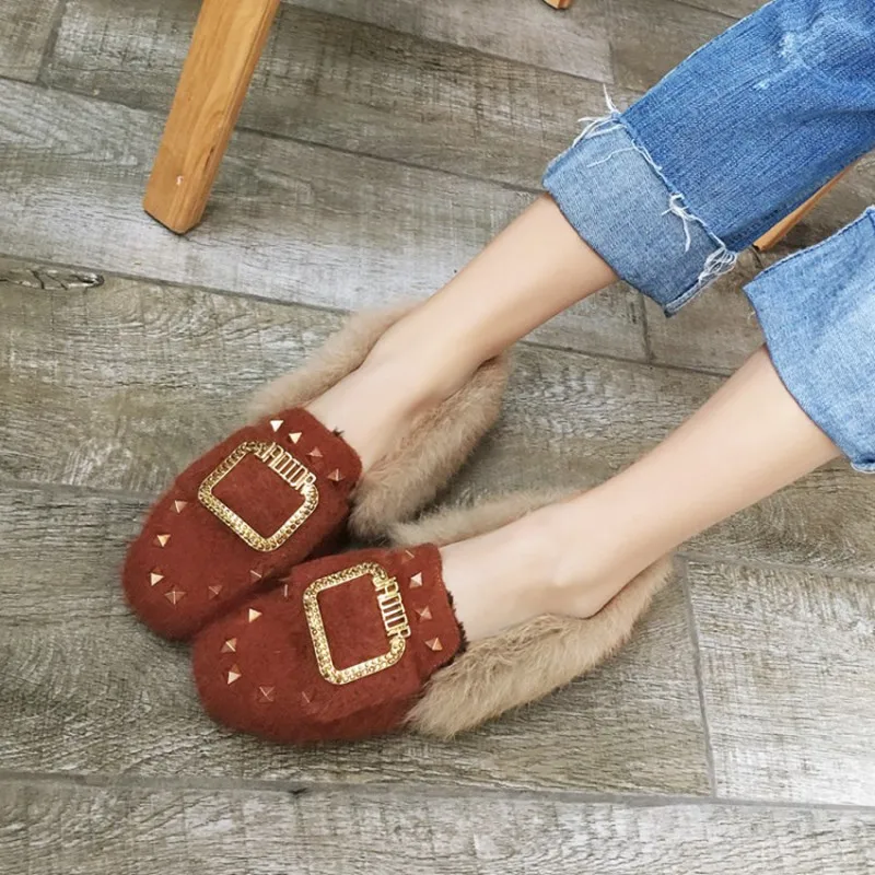 Plus Size 34-44 Fashion Metal Decoration Animal Rabbit Hair Rivet Flat Shoes Slip On Woman Fur Loafers warm plush winter shoes