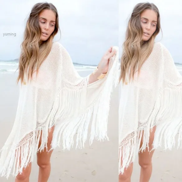 Новинка твердые женщины летучая мышь нерегулярные подол кисточка пончо кабо