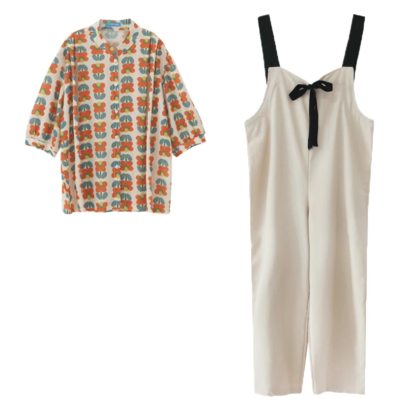 2019 летняя рубашка с коротким рукавом и цветочным рисунком + Свободный комбинезон
