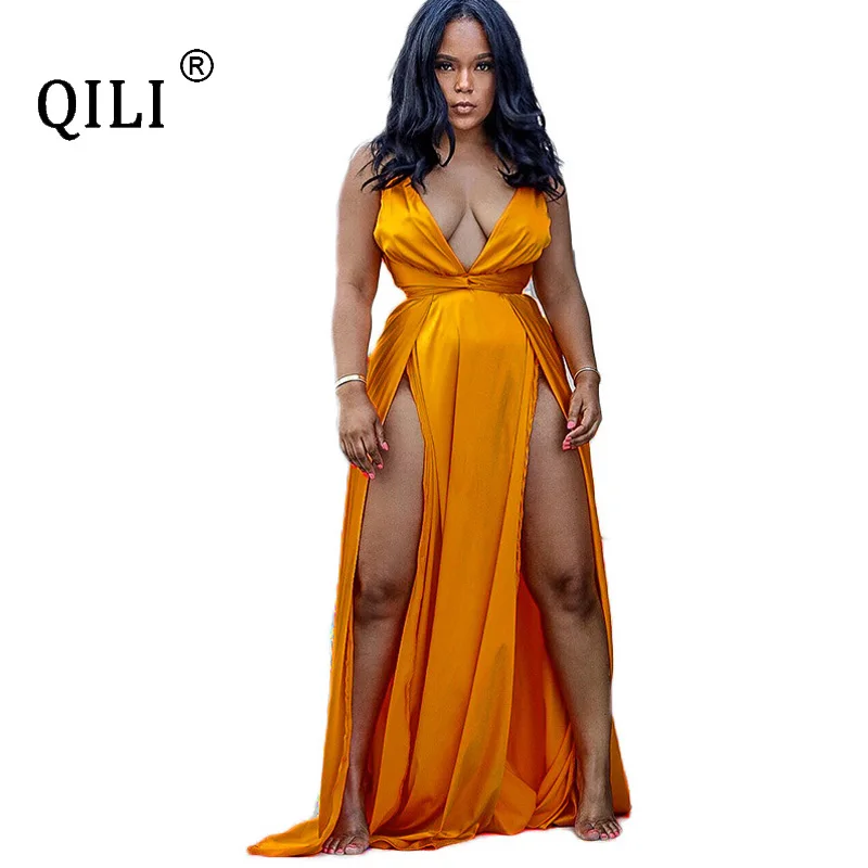 

QILI Women Sexy V-neck High Split Neon Gold Dress Spaghetti Strap High Waist Soft Maxi Robe Party Dresses Loose