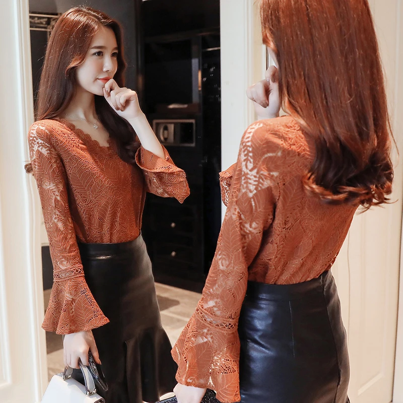 130# Autumn Clothing Horn Sleeve Hook Flower Hollow Lace Long Woman Blusas Femininas Blouse 2 Pieces Vadim Tops Womens |