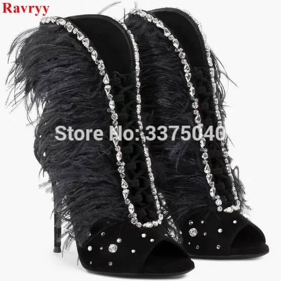 Ravryy Лето Перо крышка Bling Стразы Декор Женские ботильоны Кружево с открытым носком