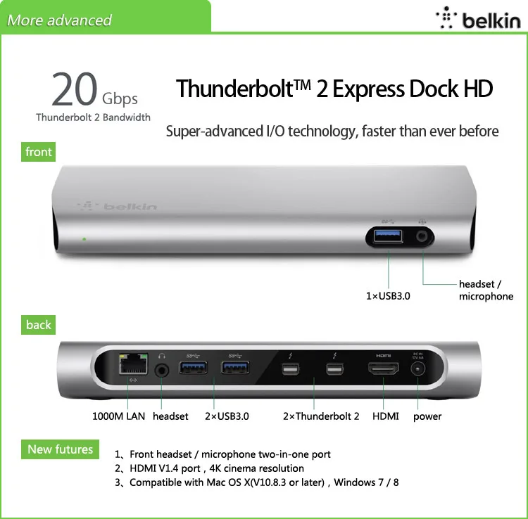 Belkin Thunderbolt 2 Express Dock HD с кабелем (20 Гбит/с USB3.0 HDMI1.4 сетевой карты аудио/видео)