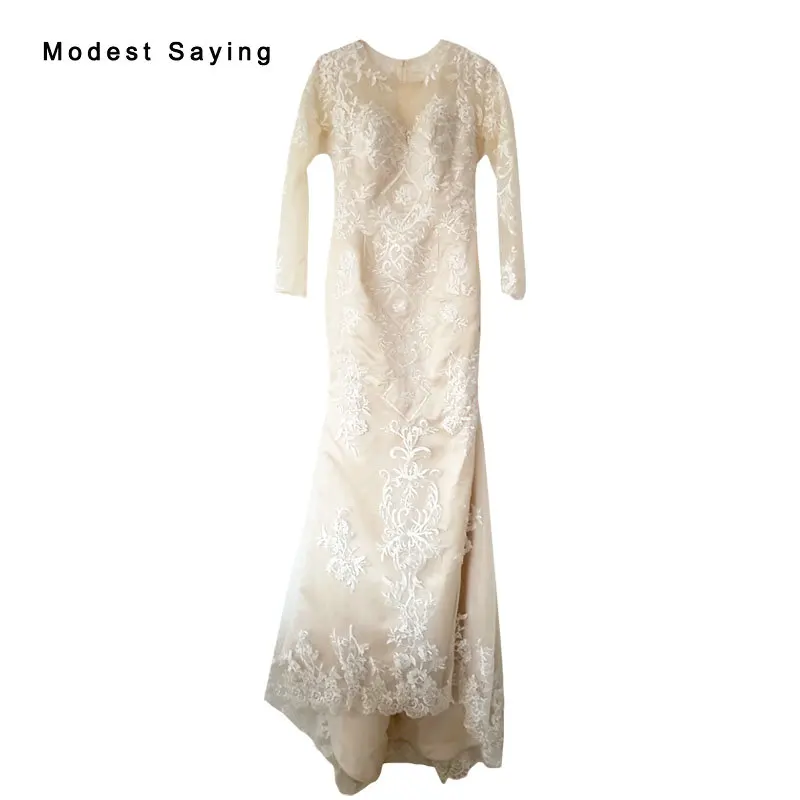 Goede Elegant Sheer Champagne Mermaid Lange Mouwen Applique Lace Avondjurken 2017 Lange Engagement Prom Jassen Vestido De Festa YSE26