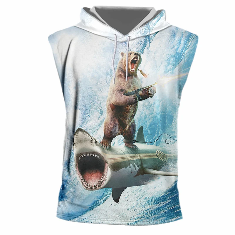 OGKB Cool Tank Top Print Shark Bear 3D Hooded Tanktop Vest Singlets For Women/men Bodybuilding Fitness Casual Sleeveless Hoodie | Мужская
