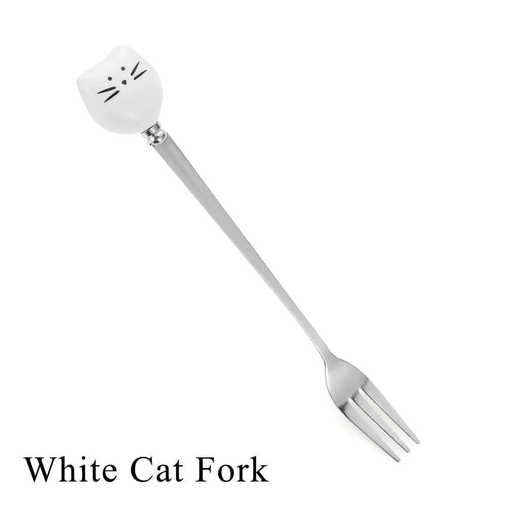 White Cat Fork Керамические милые кофейные ложки с котом, фруктовая вилка из нержавеющей стали, размешивающая мороженого, сахарного чая, десертный суповой ложки, ложки для чая, столовая посуда - Цвет: White Cat Fork