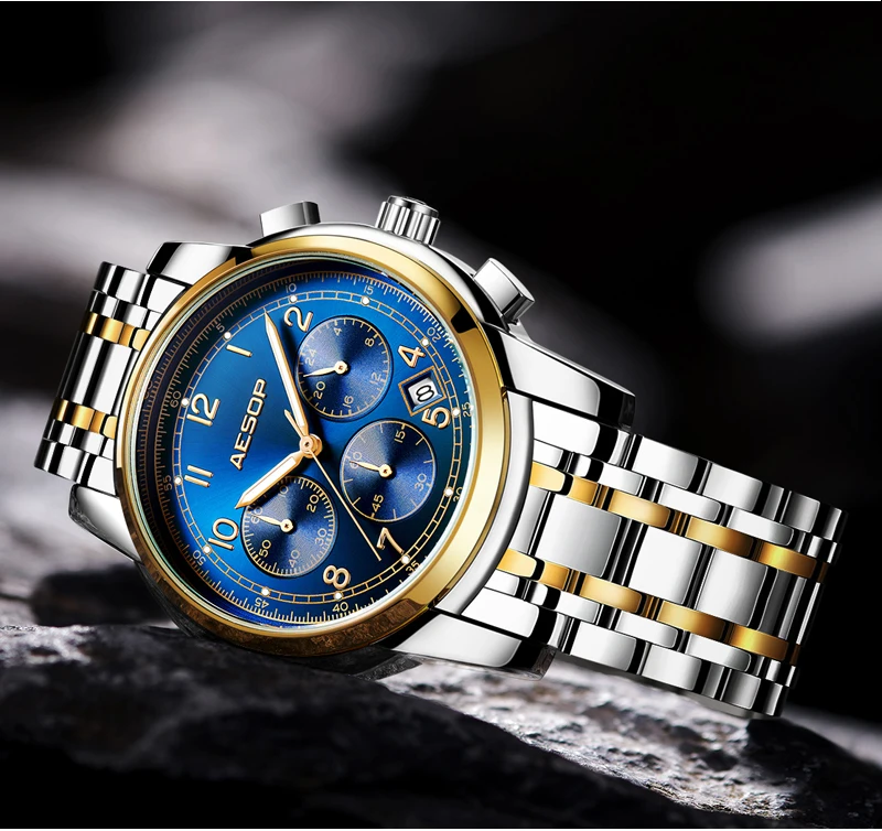 AESOP Роскошные Синие мужские часы кварцевые наручные из нержавеющей стали