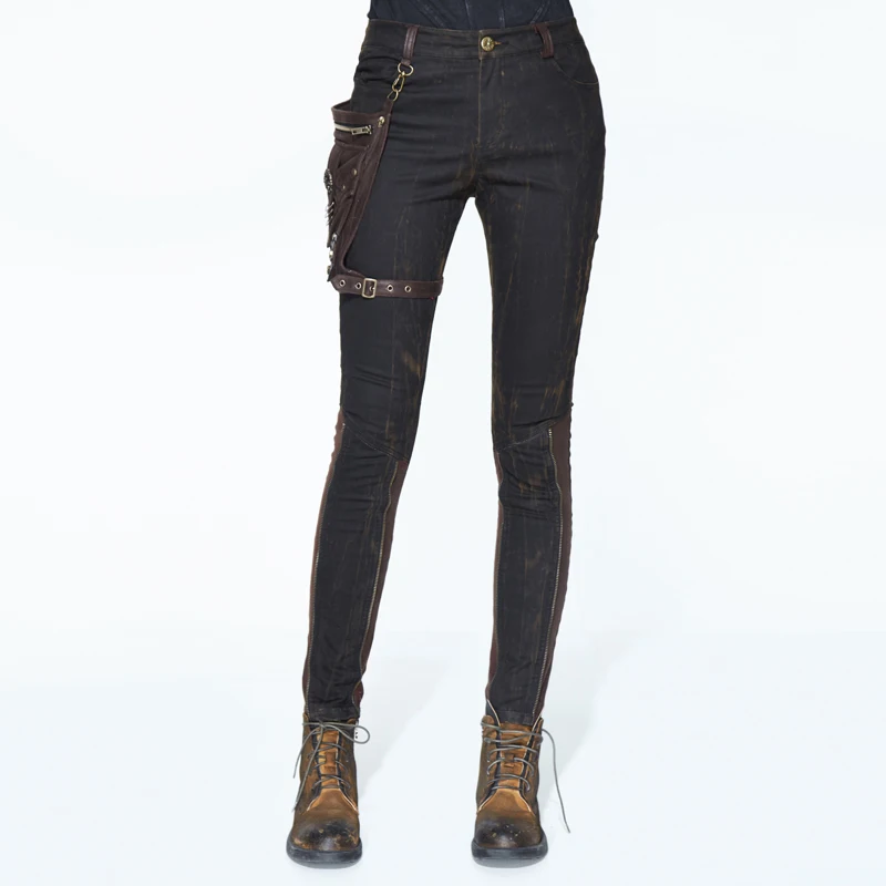 

Gothic Black Fashion Pocket Decorative Pants Female Steampunk Casual Cotton Button Tights Black Brown Stitching Pants