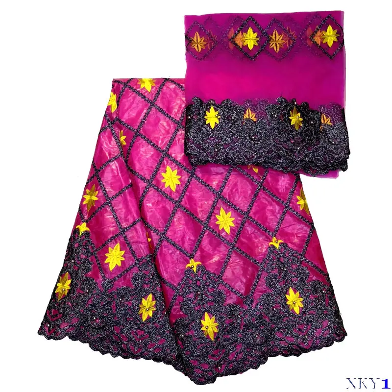 

(5yards +2yards ) 2019 New arrival Blue African Bazin Riche Getzner fabric with Net Lace Embroidery and Beaded for dress B190113