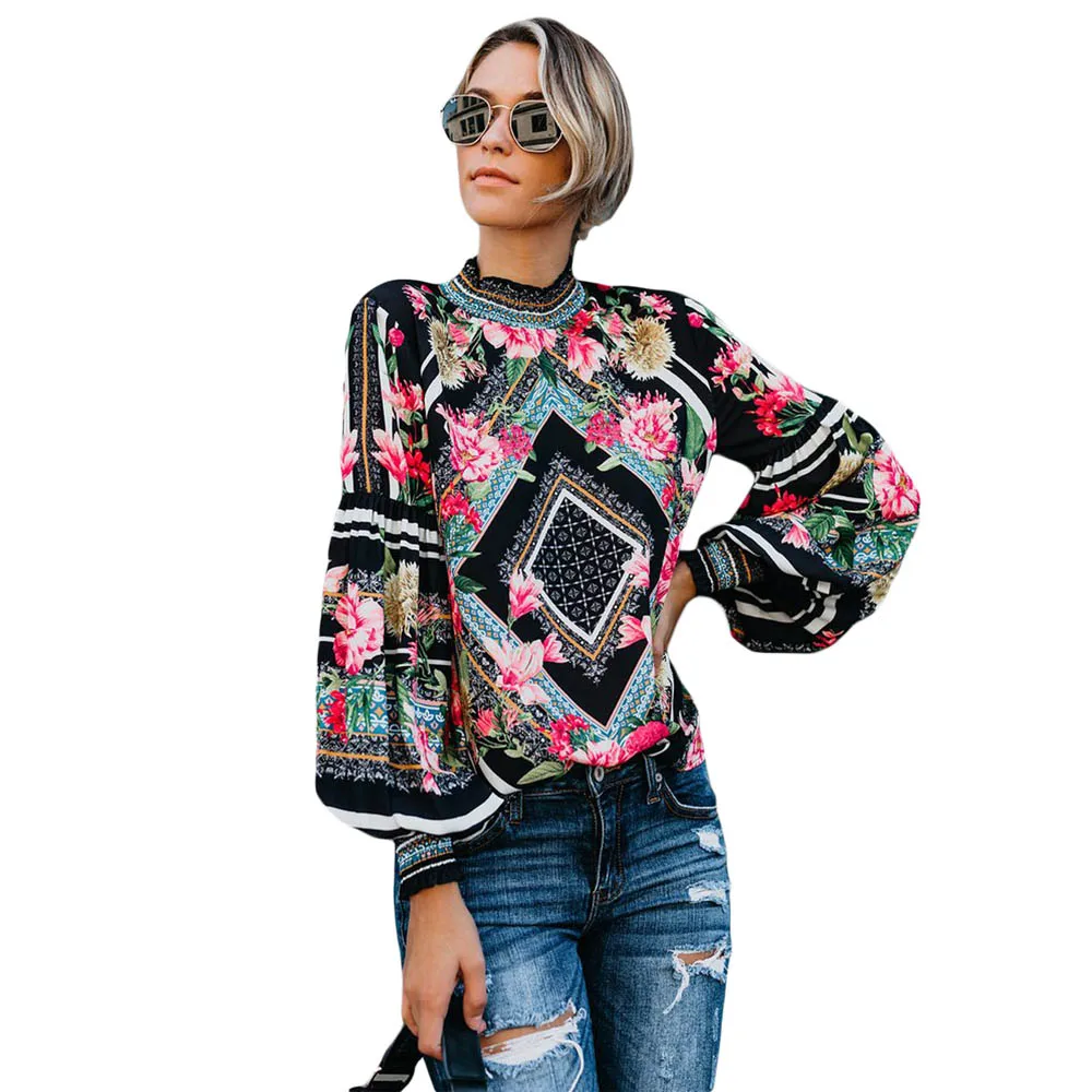 Весна 2019 черные богемные Цветочные женские блузки рубашки с длинным рукавом